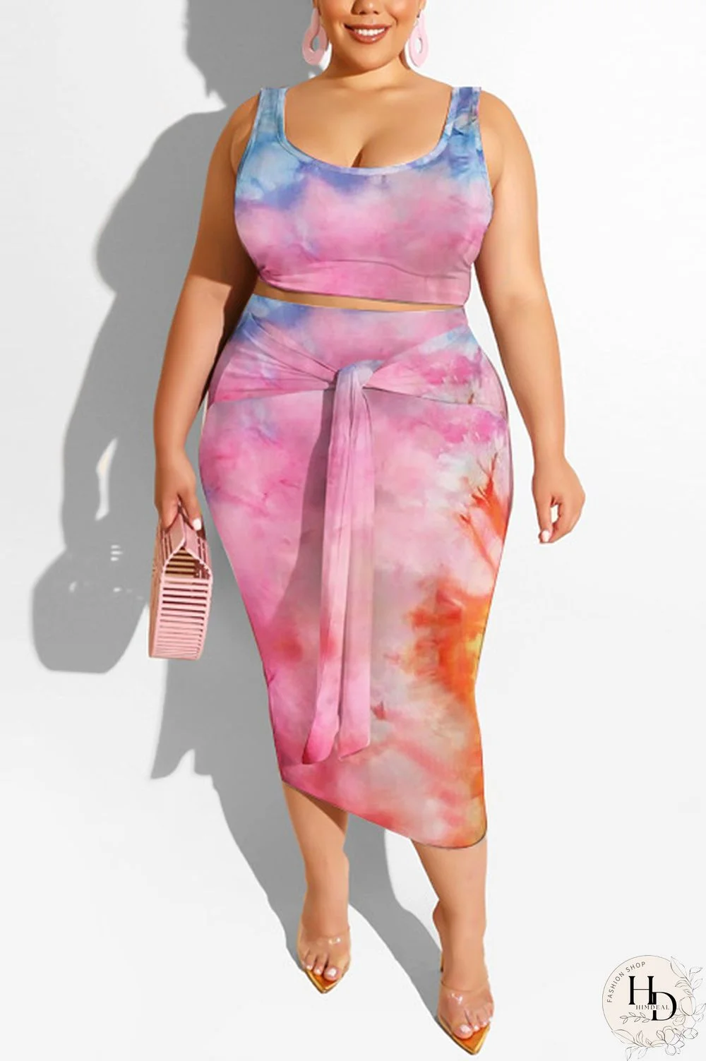 Orange and pink Polyester Sexy Slip Print Belt Tie Dye Plus Size