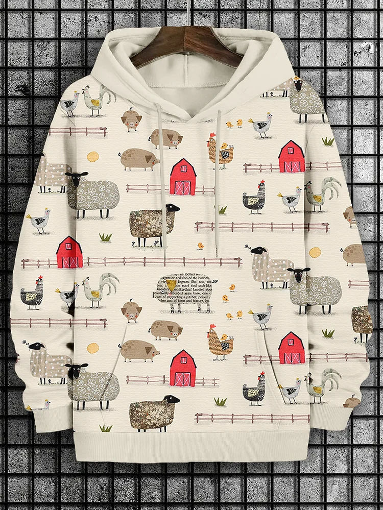 Men's Farmhouse Art Chicken Pig Sheep Print Casual Hoodie