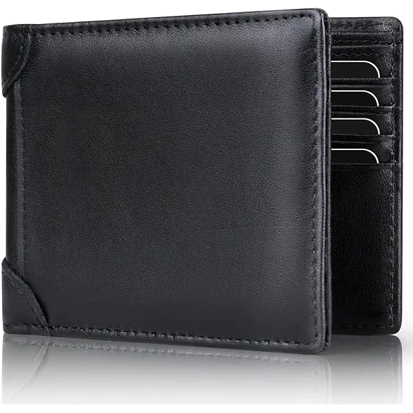 Swallowmall Mens Wallet RFID Genuine Leather Slim Bifold Wallets For Men Removable ID Windows 11 Cards Holders Gift Box