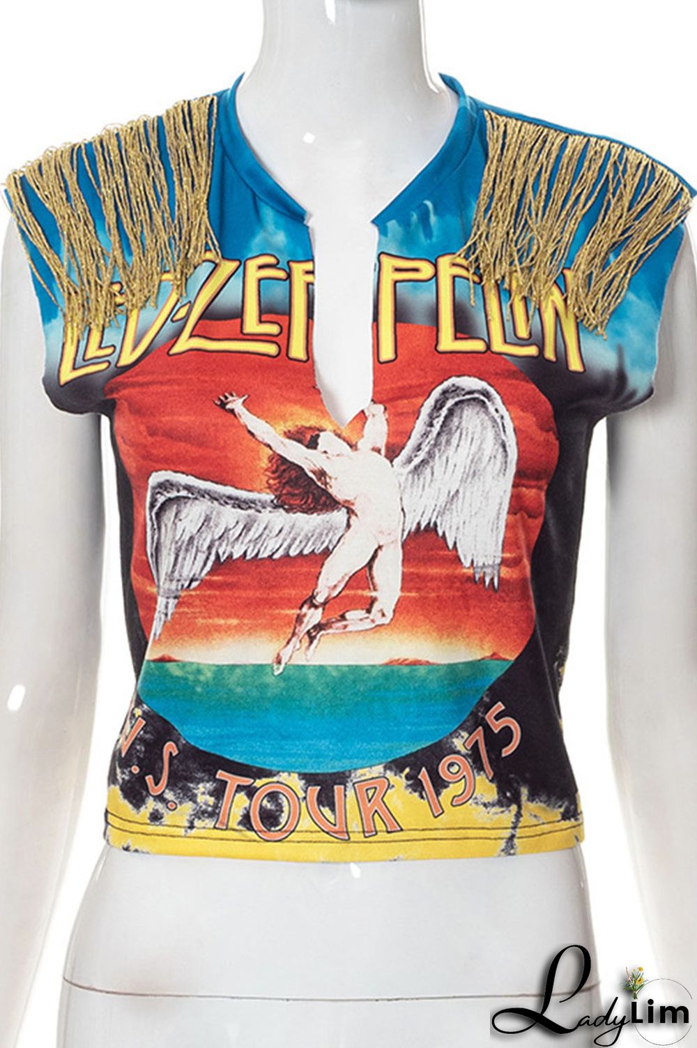 Multicolor Casual Street Print Tassel Patchwork V Neck T-Shirts