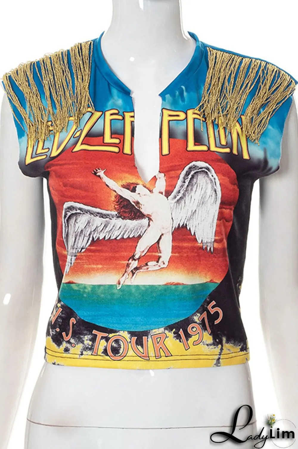 Multicolor Casual Street Print Tassel Patchwork V Neck T-Shirts