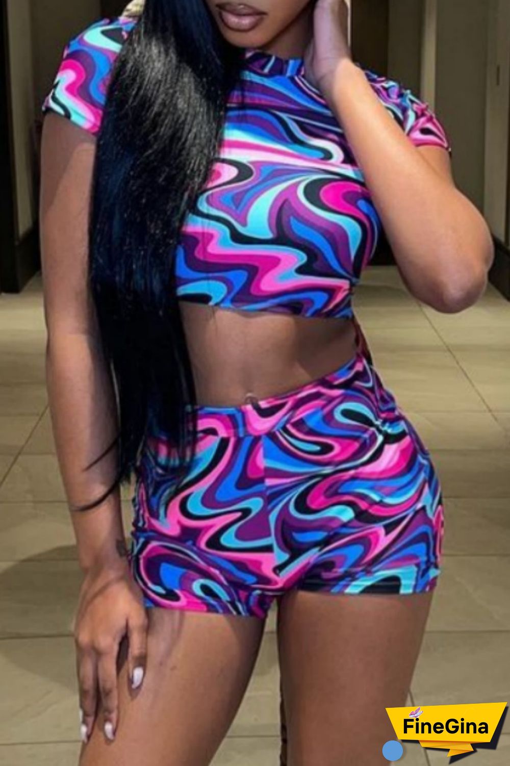 Red Casual Print Basic O Neck Short Sleeve Two Pieces