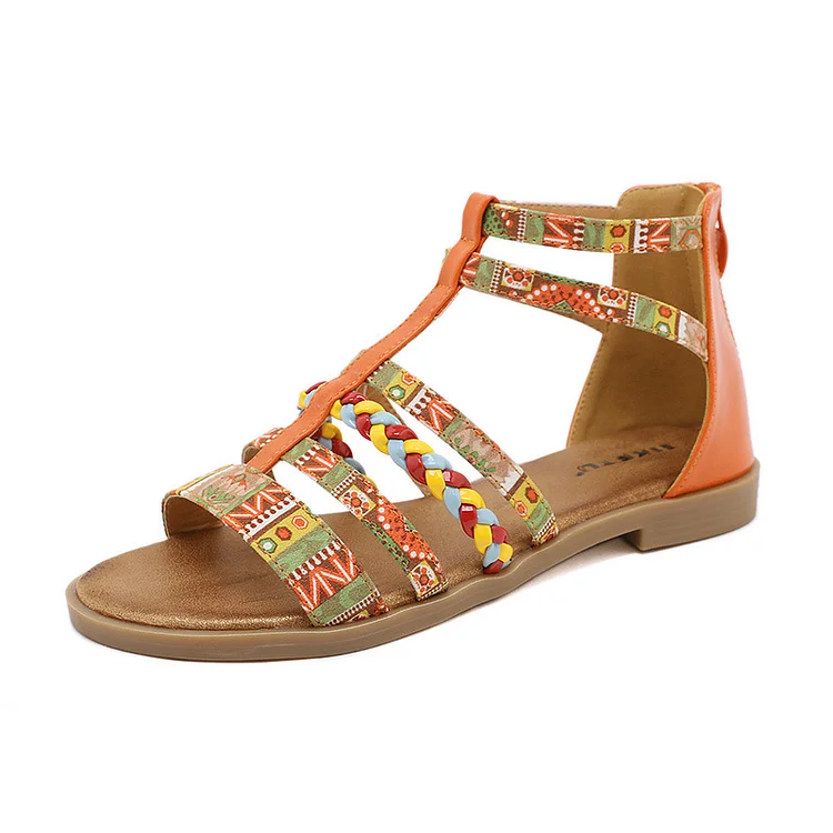 Summer Ethnic Colorful Color Blocks Flat Sandals Casual Comfortable Round-Toe Zipper Vintage