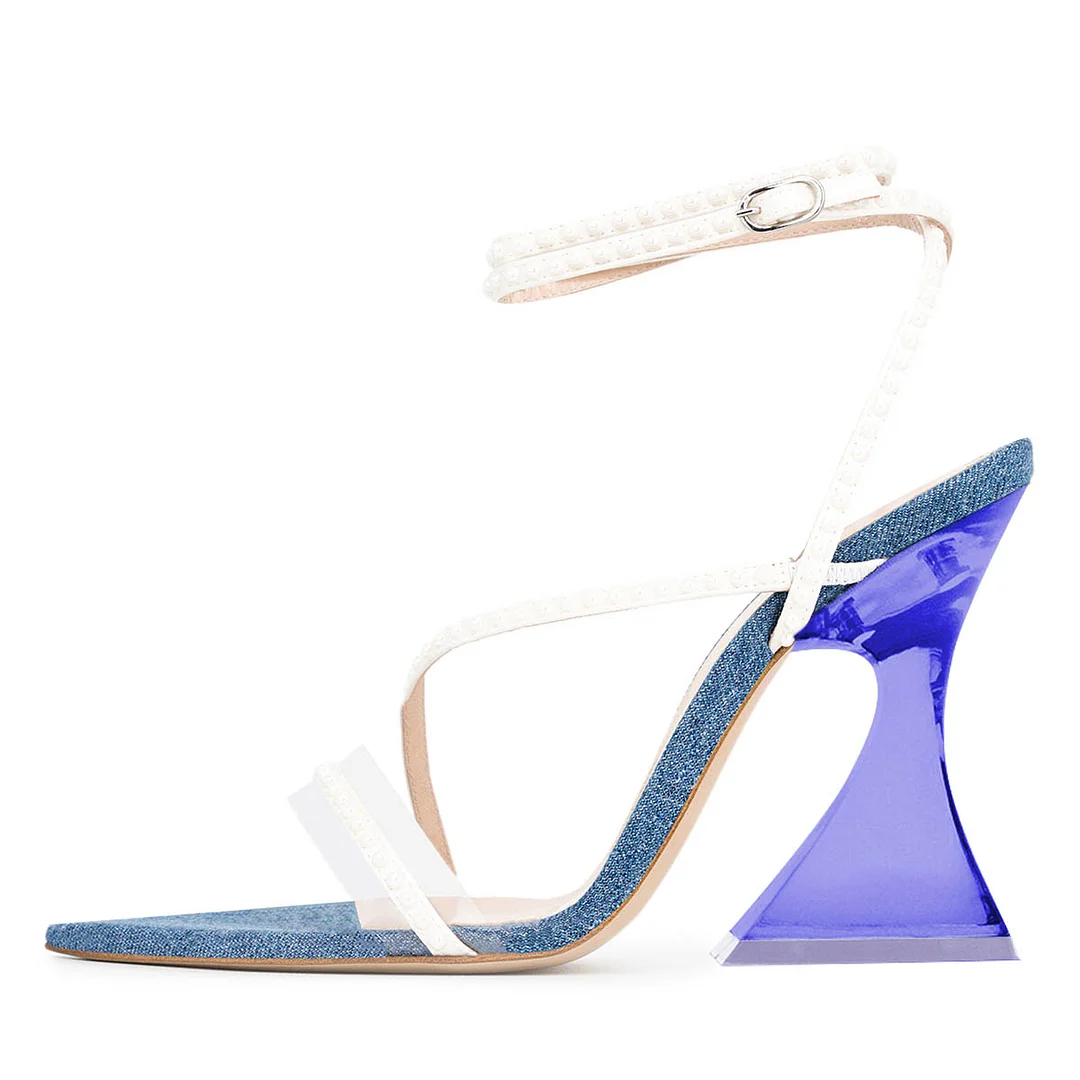 White & Blue Patchwork Open-Toe Studded Flared Heeled Sandals