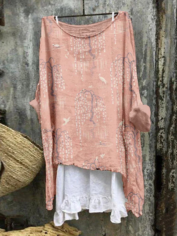 Japanese Kyoto Blossom Willow Art Linen Blend Tunic