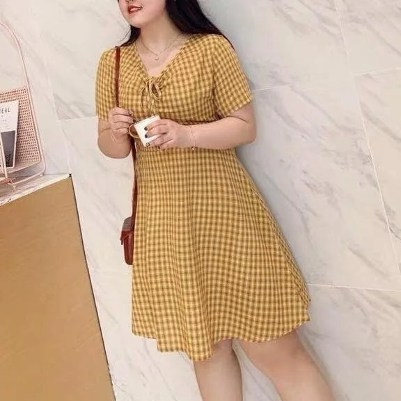 Kawaii Plus Size Yellow V-neck Plaid Summer Dress SS1604