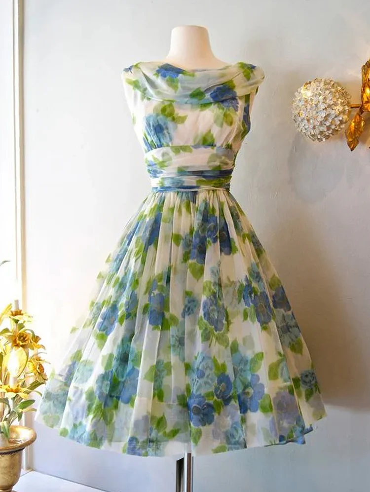 Vintage 1950s Cowl Neck Sleeveless Floral Print Midi Dress