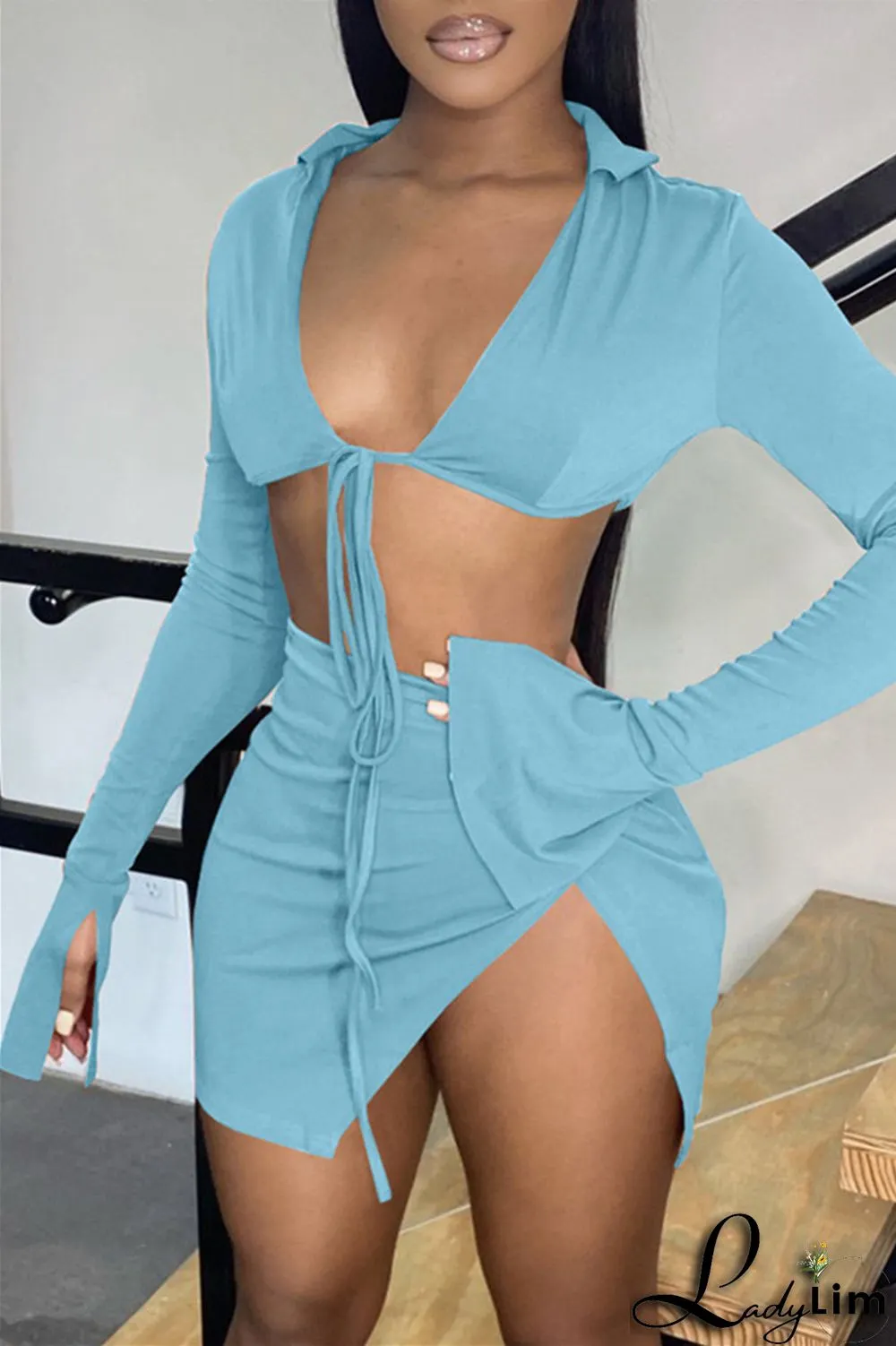 Yellow Fashion Sexy Solid Bandage Slit V Neck Long Sleeve Two Pieces