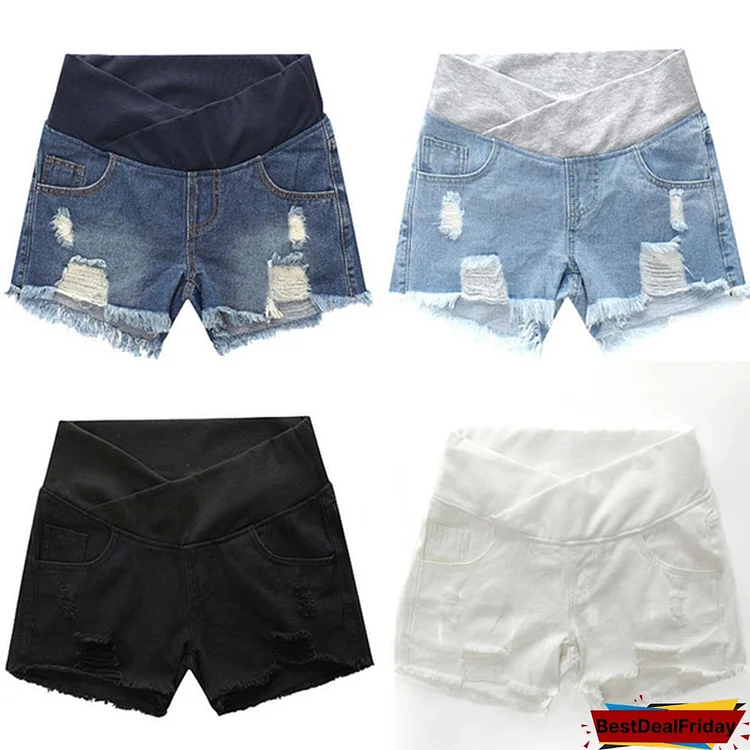 Pregnant Women's Ripped Hole Loose Denim Maternity Shorts Summer Casual Belly Clothes