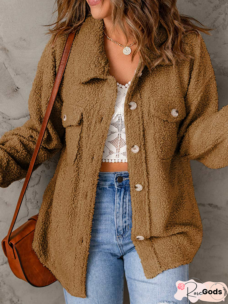 Casual Pocket Coffee Camel Turndown Collar Coat