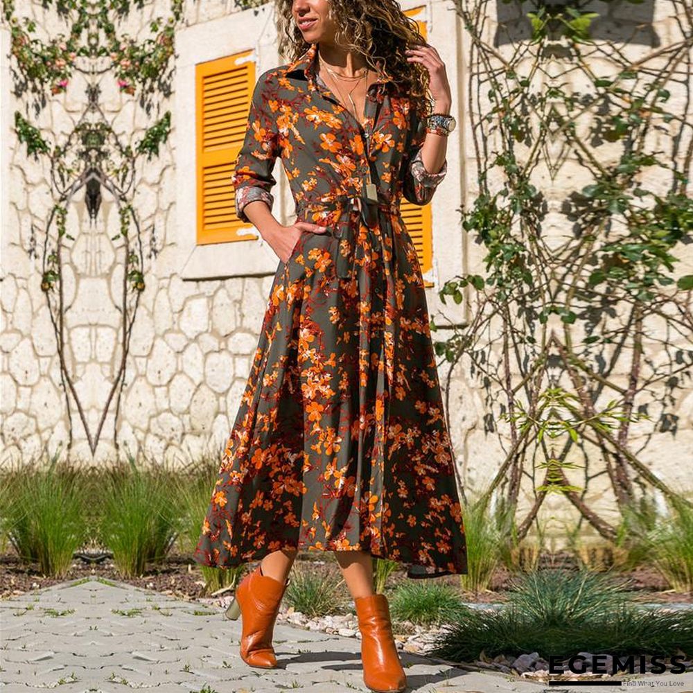 Autumn Printed Long Sleeve Lace Up Women's Dress Black Dresses | EGEMISS