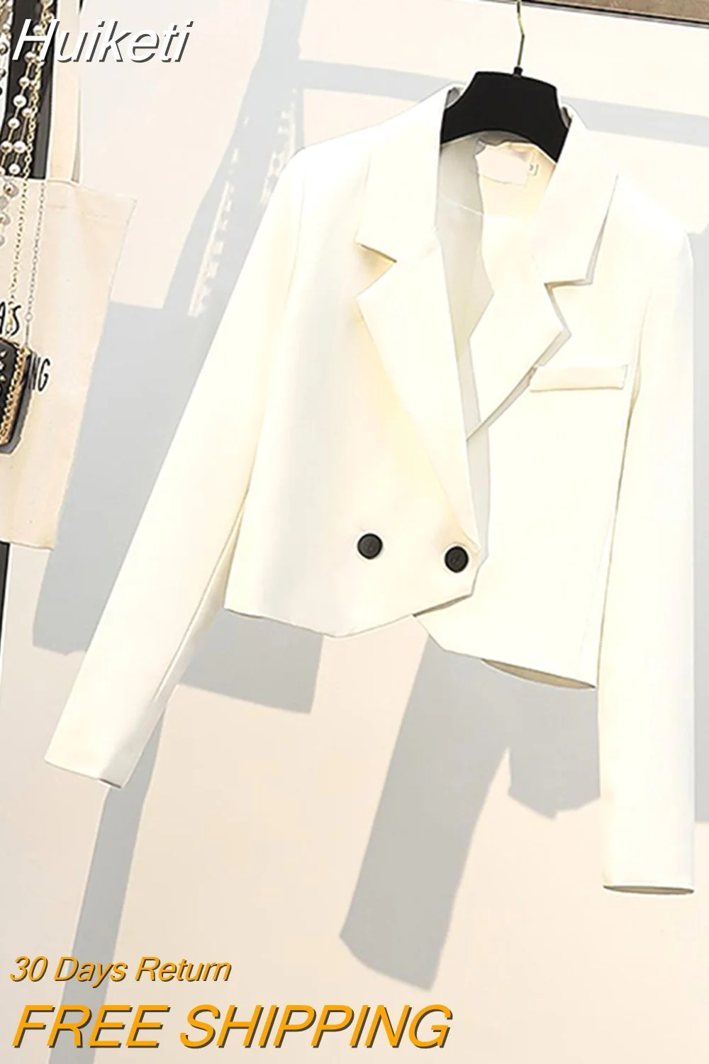 Huiketi Fashion Women Blazer Long Sleeve Elegant Button Crop Jacket Notched Collar Korean Fall Female Coat