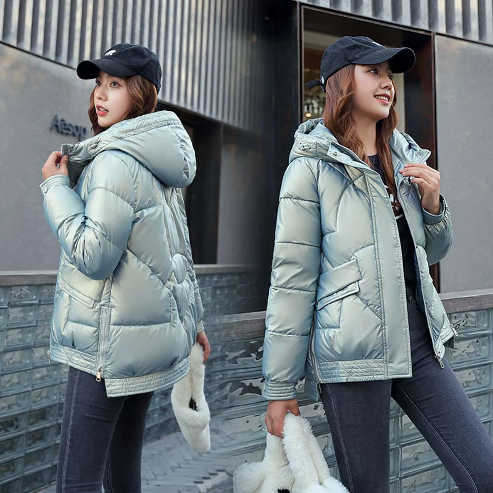 Brownm Short Style Cotton Padded Winter Jacket Women Casual Stand Collar Parkas Winter Coats Female Fashion Shiny Outwear