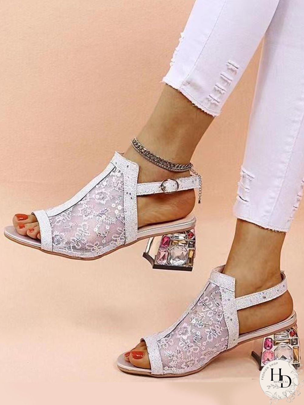Mesh Sequined Fish Mouth Chunky Heel Sandals