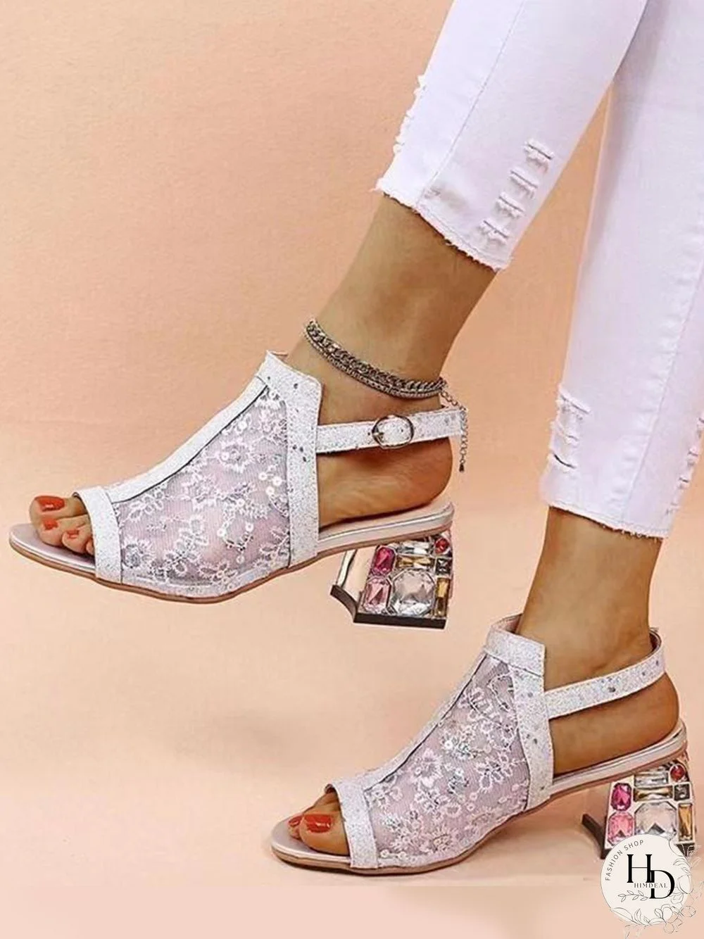 Mesh Sequined Fish Mouth Chunky Heel Sandals