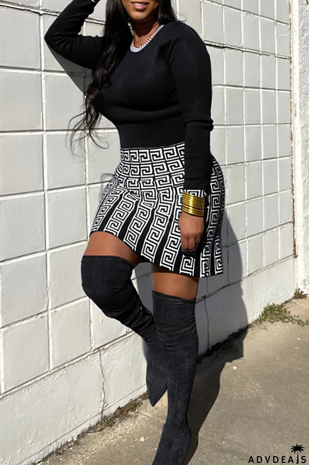 Pink Fashion Print Patchwork O Neck Long Sleeve Two Pieces