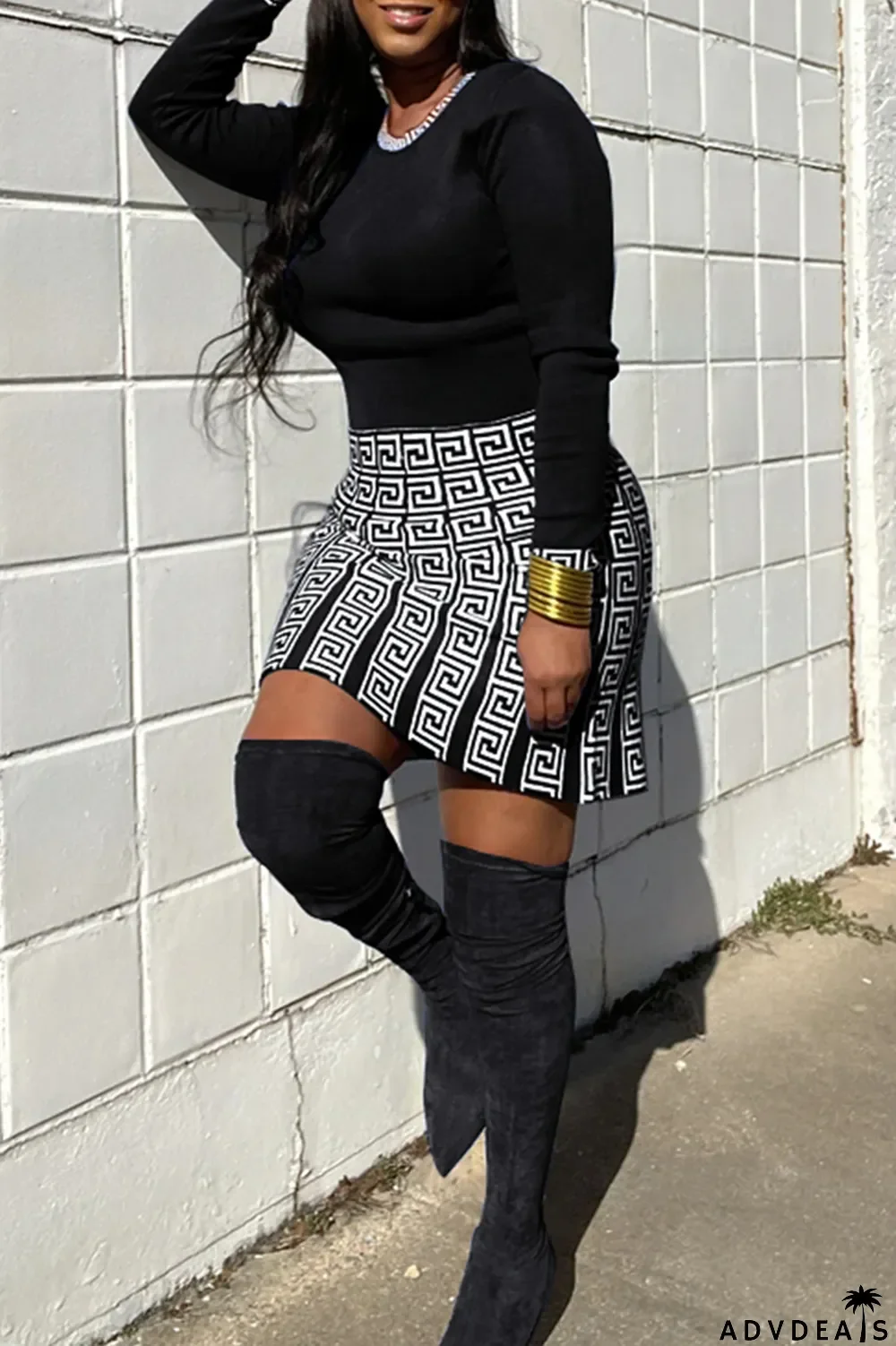 Pink Fashion Print Patchwork O Neck Long Sleeve Two Pieces