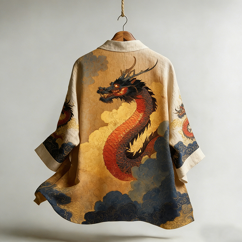 Men's Japanese-style Dragon Print Linen Kimono Cardigan  artssus