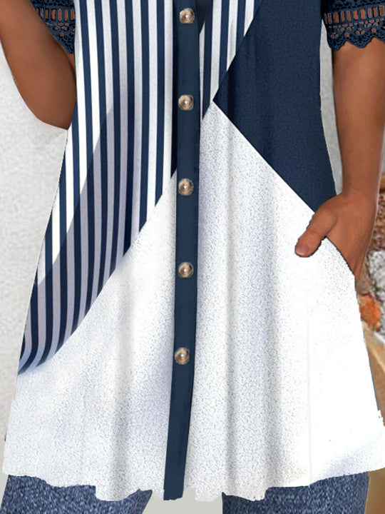 (PRE ORDER)Women's Short Sleeve V-neck Graphic Lace Buttons Tops