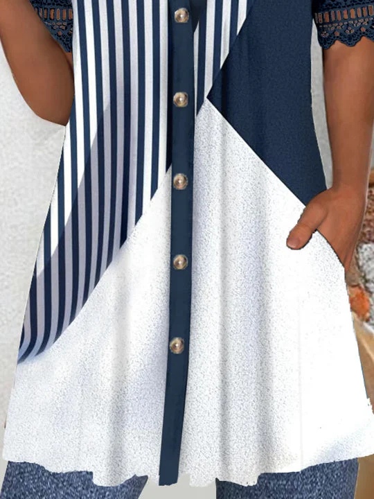 (PRE ORDER)Women's Short Sleeve V-neck Graphic Lace Buttons Tops