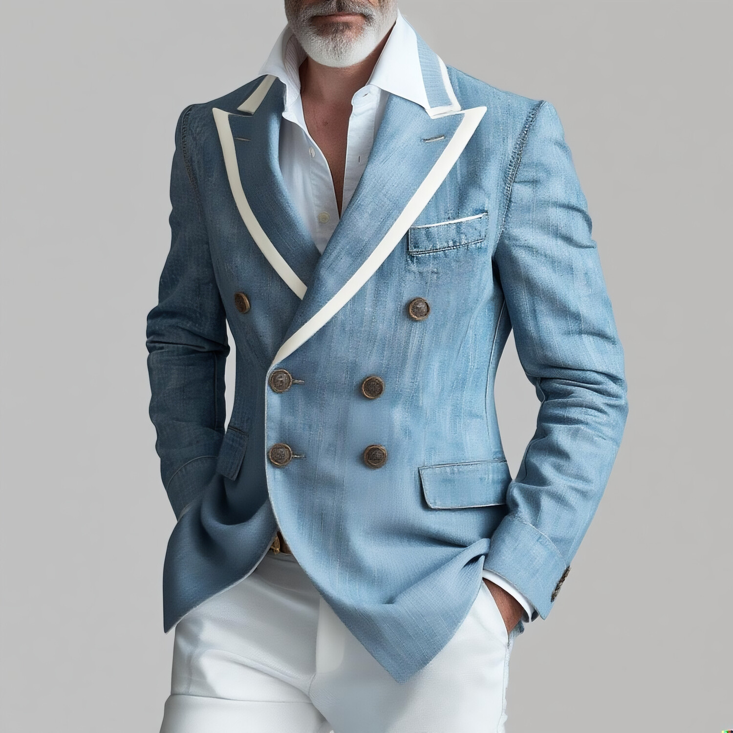 Men's Denim White Trim Peaked Lapel Long Sleeve Double Breasted Blazer