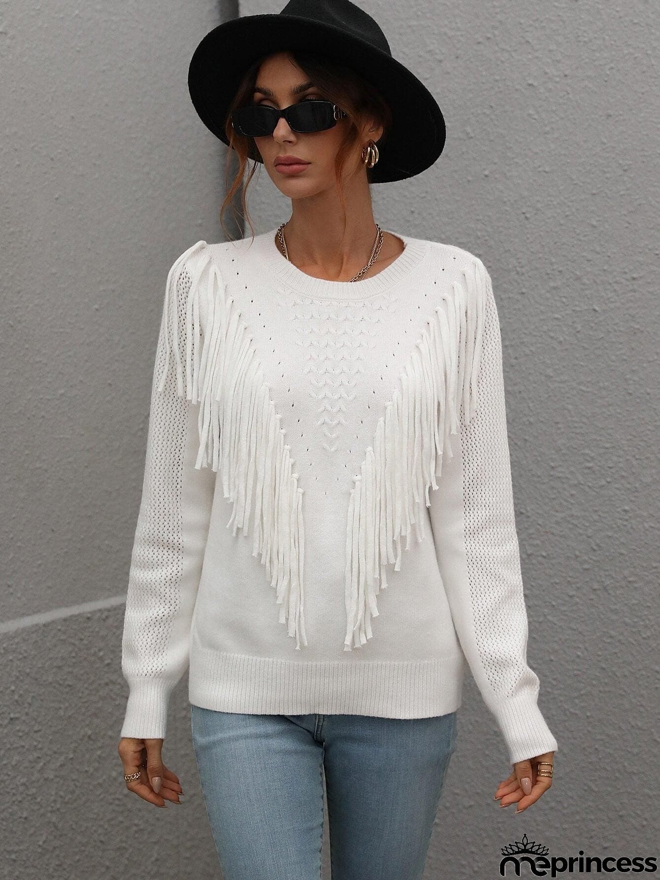 Fringe Detail Ribbed Trim Sweater