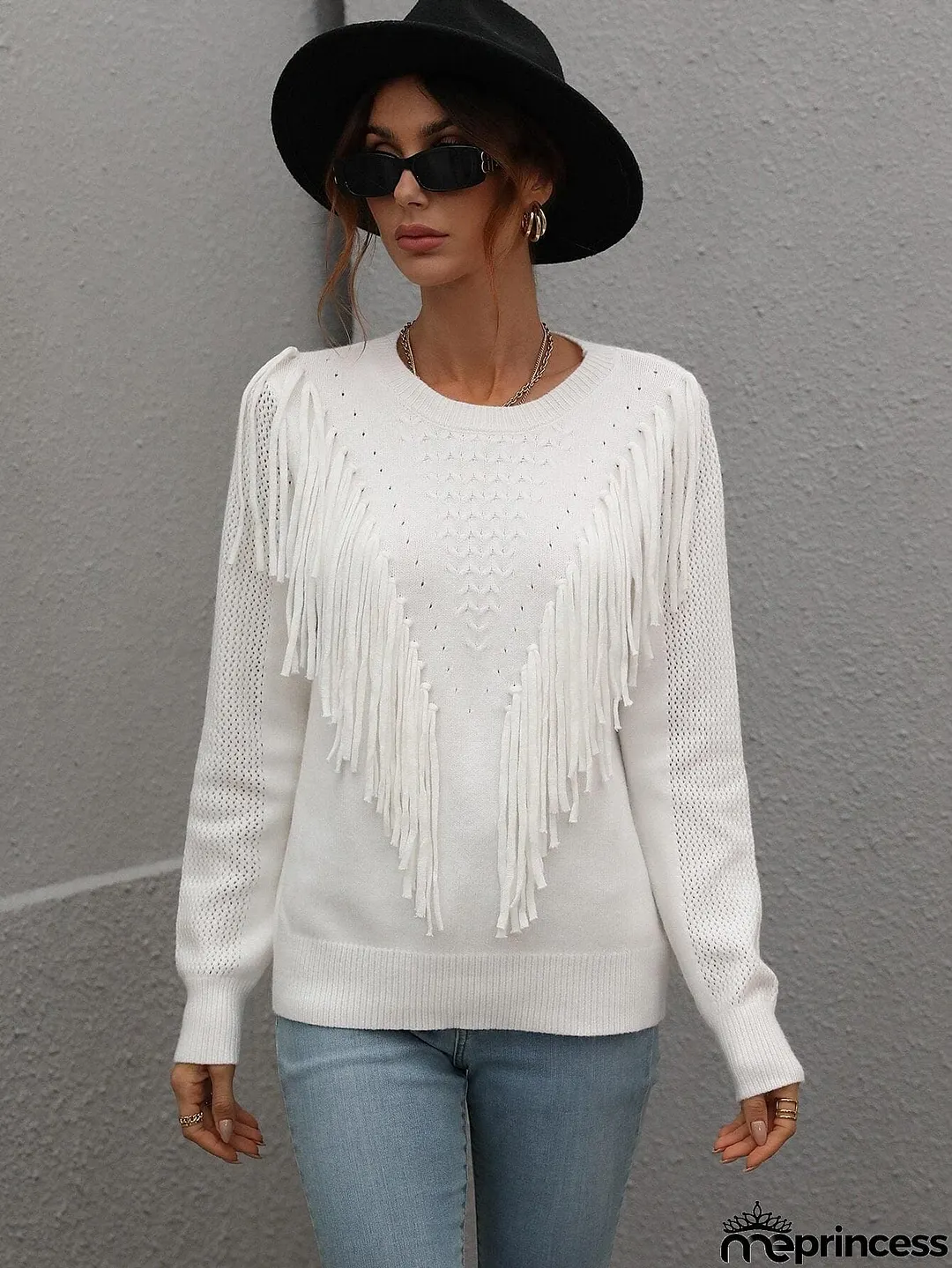 Fringe Detail Ribbed Trim Sweater