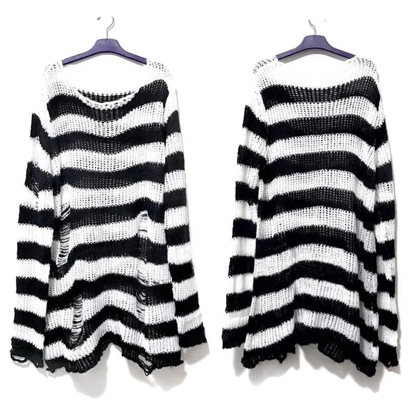 Punk Gothic Long Unisex Sweater 2020 Summer Women Striped Cool Hollow Out Hole Broken Jumper Loose Rock Thin Dark Streetwear Top 1029-1