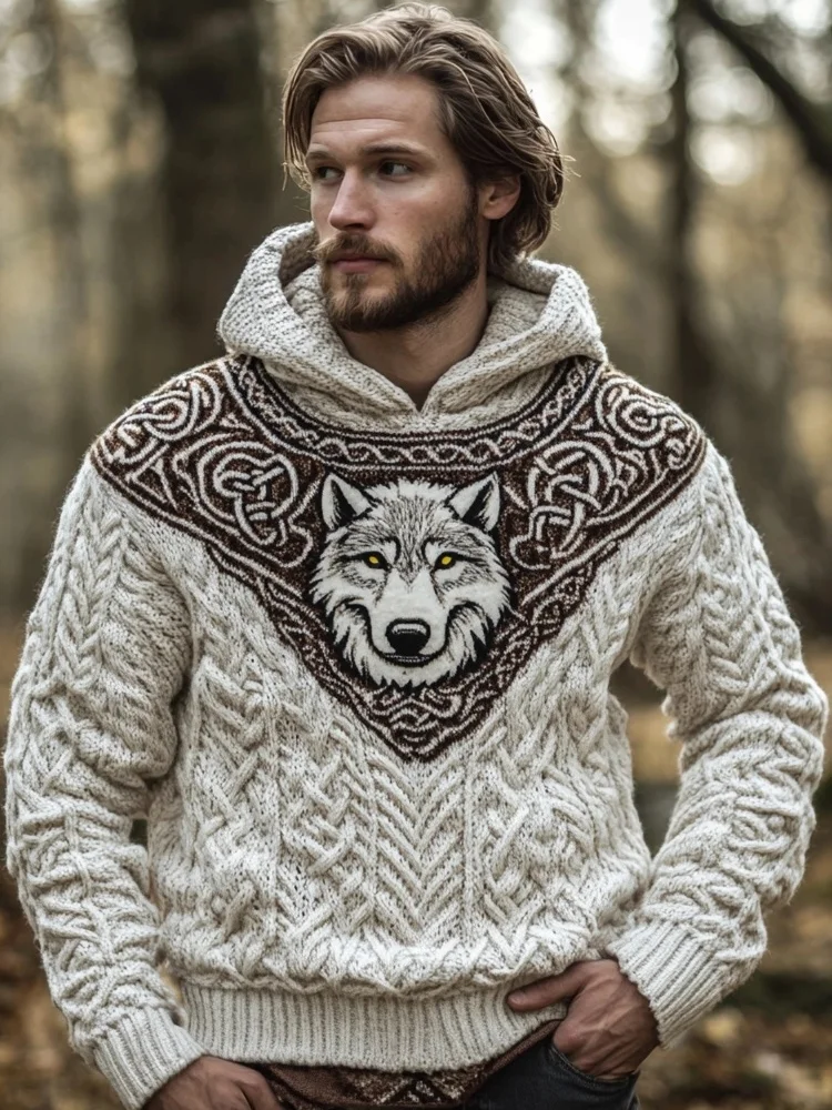 Men's Viking Wolf Celtic Jacquard Chunky Hooded Sweater