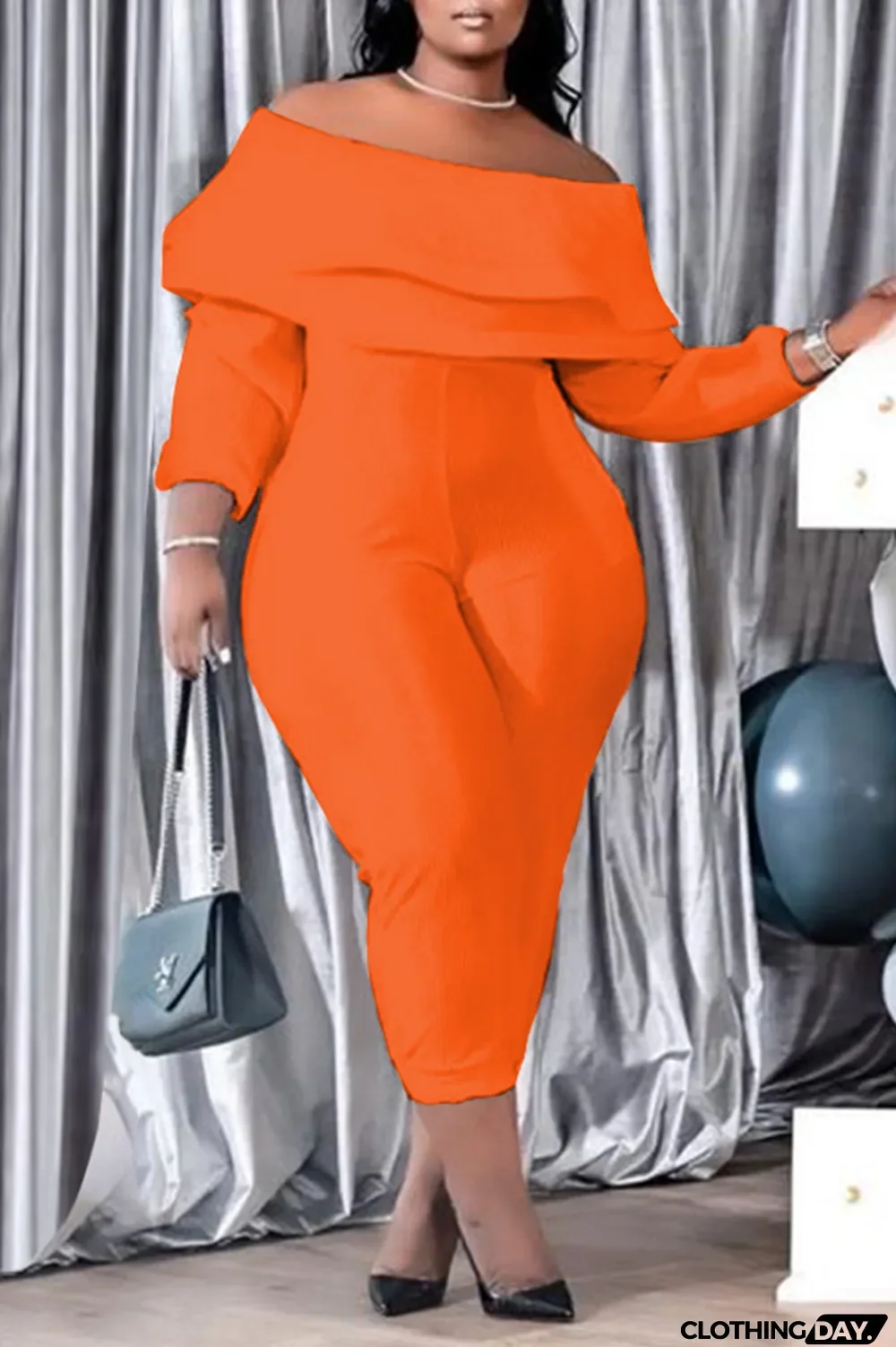 Purple Casual Solid Patchwork Off the Shoulder Plus Size Jumpsuits