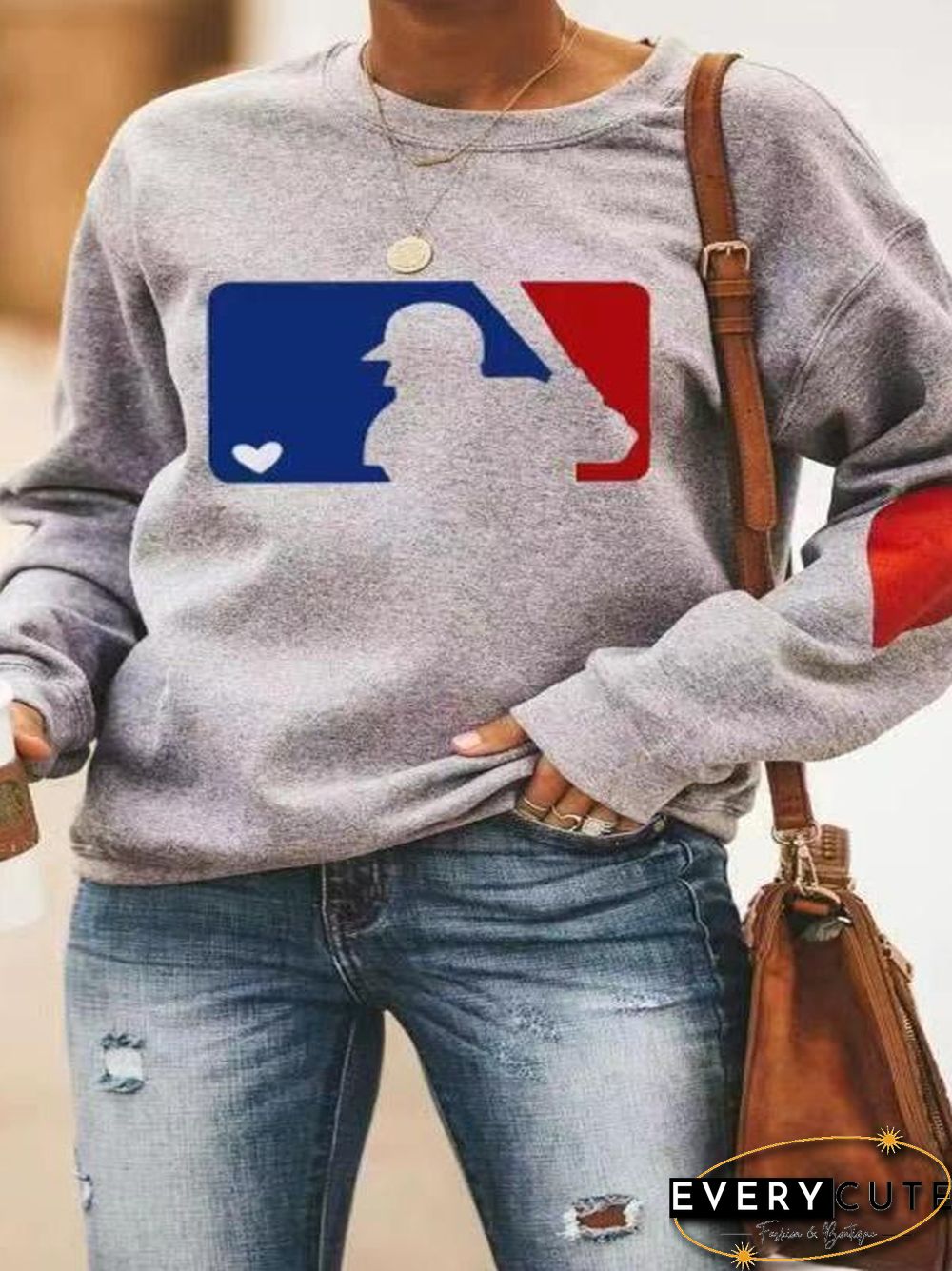 Round Neck Baseball Printed Top