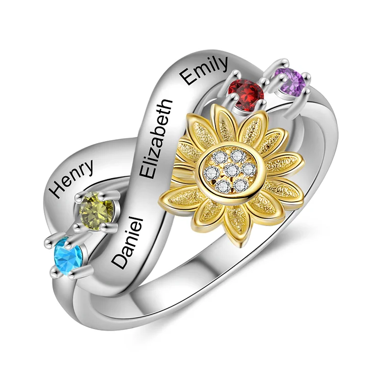 Personalized 4 Birthstones Sunflower Ring Engraved Names Infinity Ring Gifts For Her