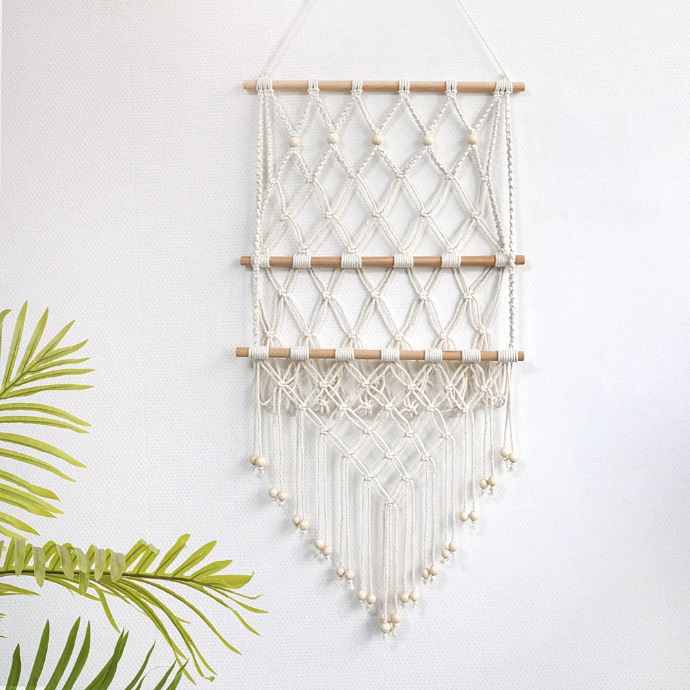 Nigikala Nigikala Bohemian Wind Hand-Woven Tapestry Wall Storage Net Pocket Three Layers Of Cotton Rope Tassel Installed