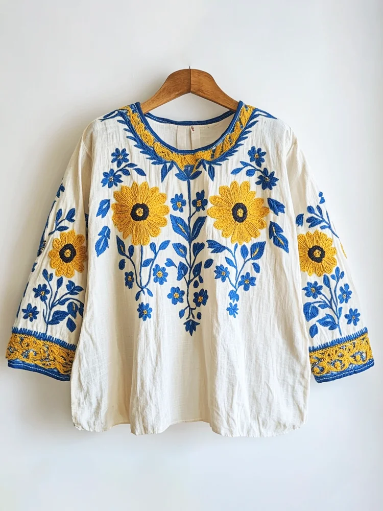 Ukrainian Ethnic Yellow And Blue Floral Embroidery Women's Linen Blouse