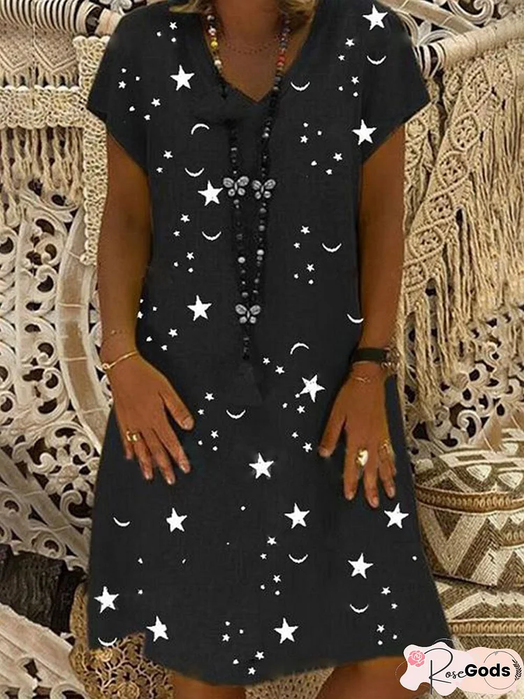 Vintage Star Moon Printed Casual V Neck Short Sleeve Dresses