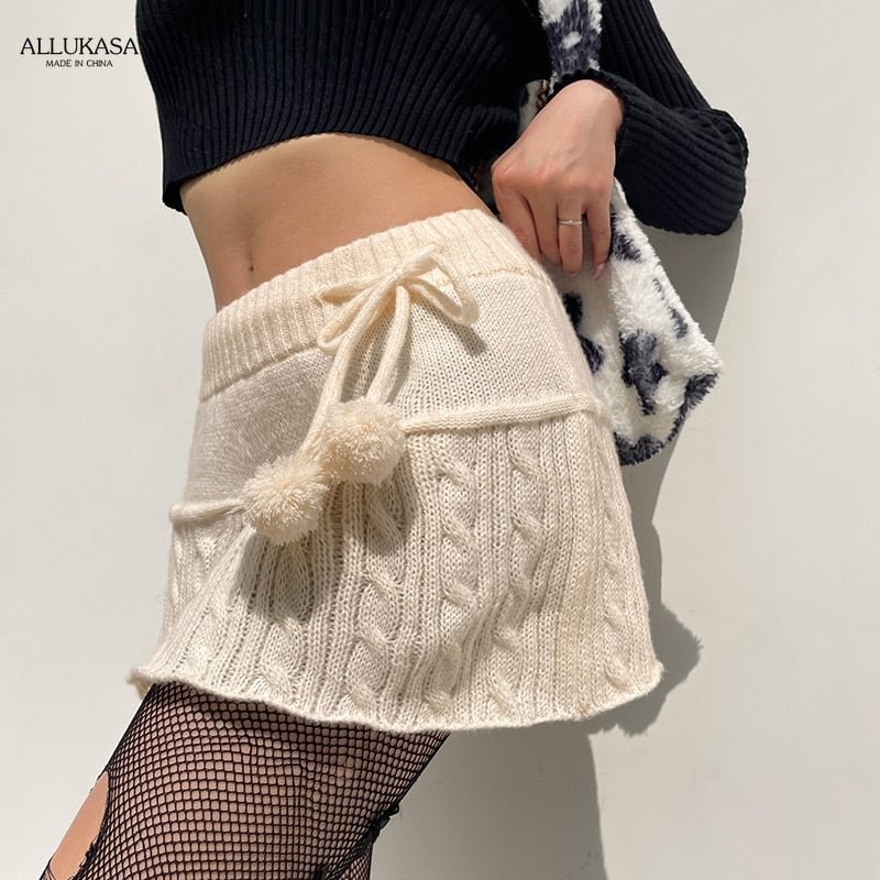 mini Skirt Knitted Low Waist Y2K Preppy Style Cute Girl Streetwear Aesthetic Fairycore Drawstring Short medieval Womens Skirts