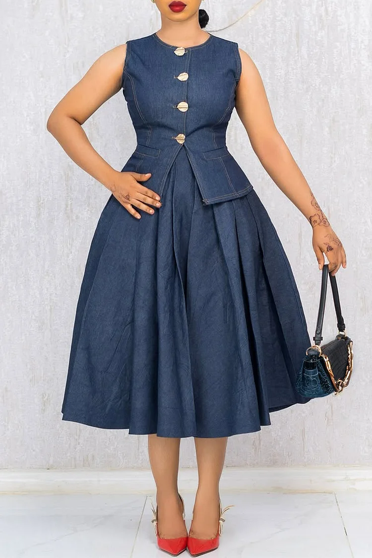 Plus Size Business Casual Blue Elegant Round Neck Button Tencel Denim Two Piece Skirt Sets [Pre-Order] 2024 - Xpluswear