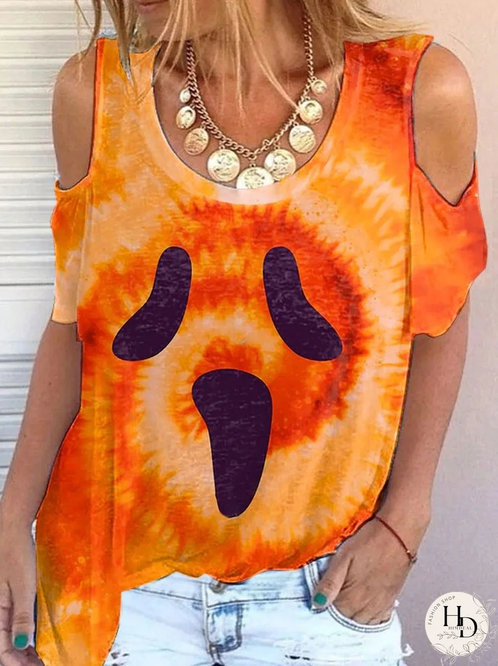 Pumpkin Tie-dye Skull Face Print Halloween T-shirt