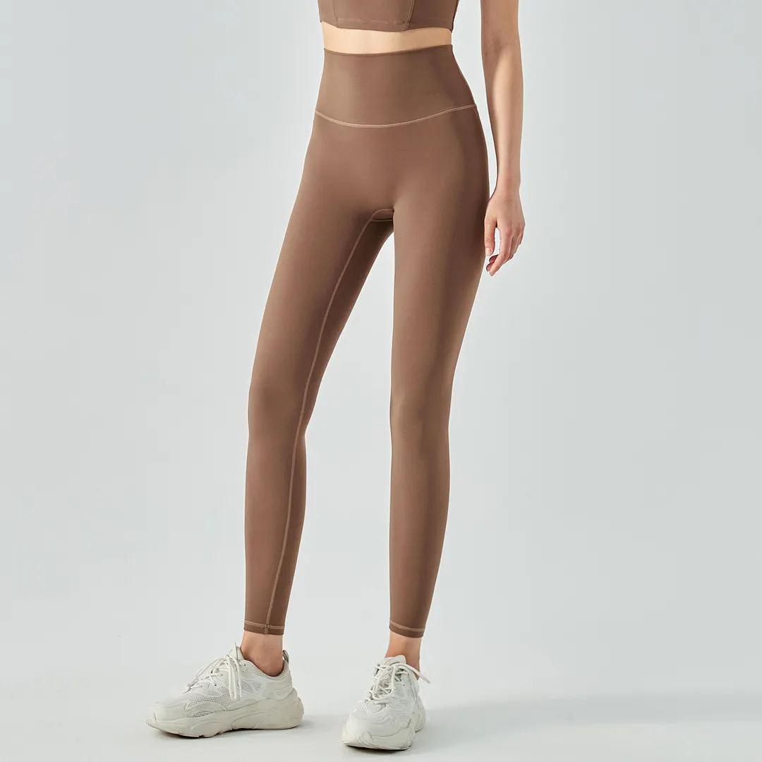 Hergymclothing Khaki no camel toe slim fit wide waist bubble peach super stretch tummy control non see through nylon gym yoga pants online shopping