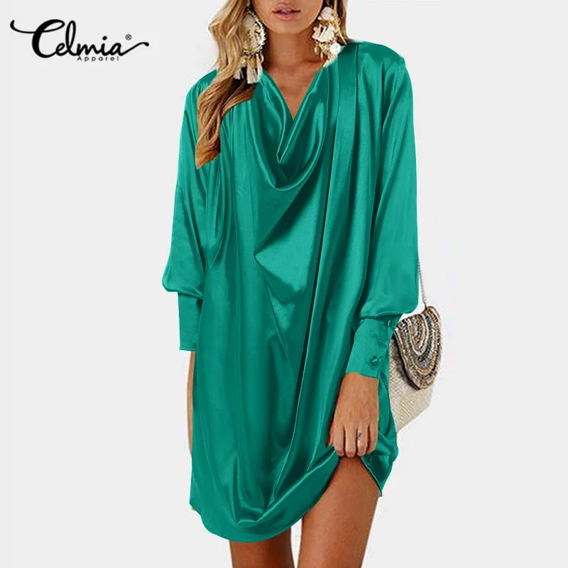 Celmia Elegant Party Dress Women Sexy Pleated Long Sleeve Satin Mini Dress Lapel Swing Collar Casual Loose Shirt Dresses Robe