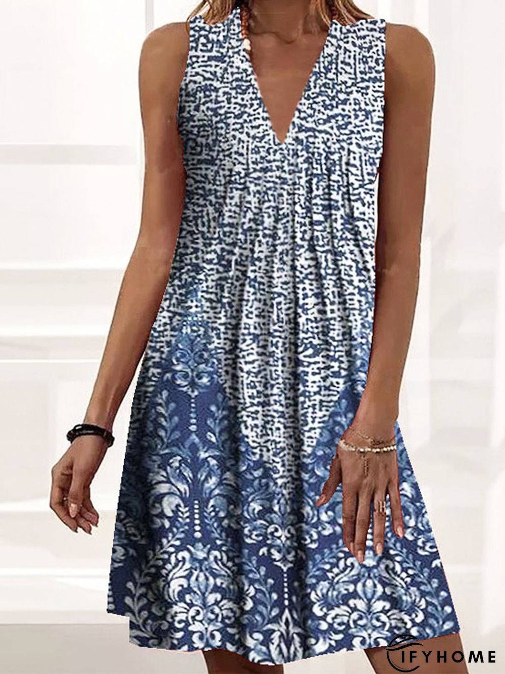 Boho Floral Polka Dots V Neck Botton Blends Blue Midi Vacation Vest Dress | IFYHOME