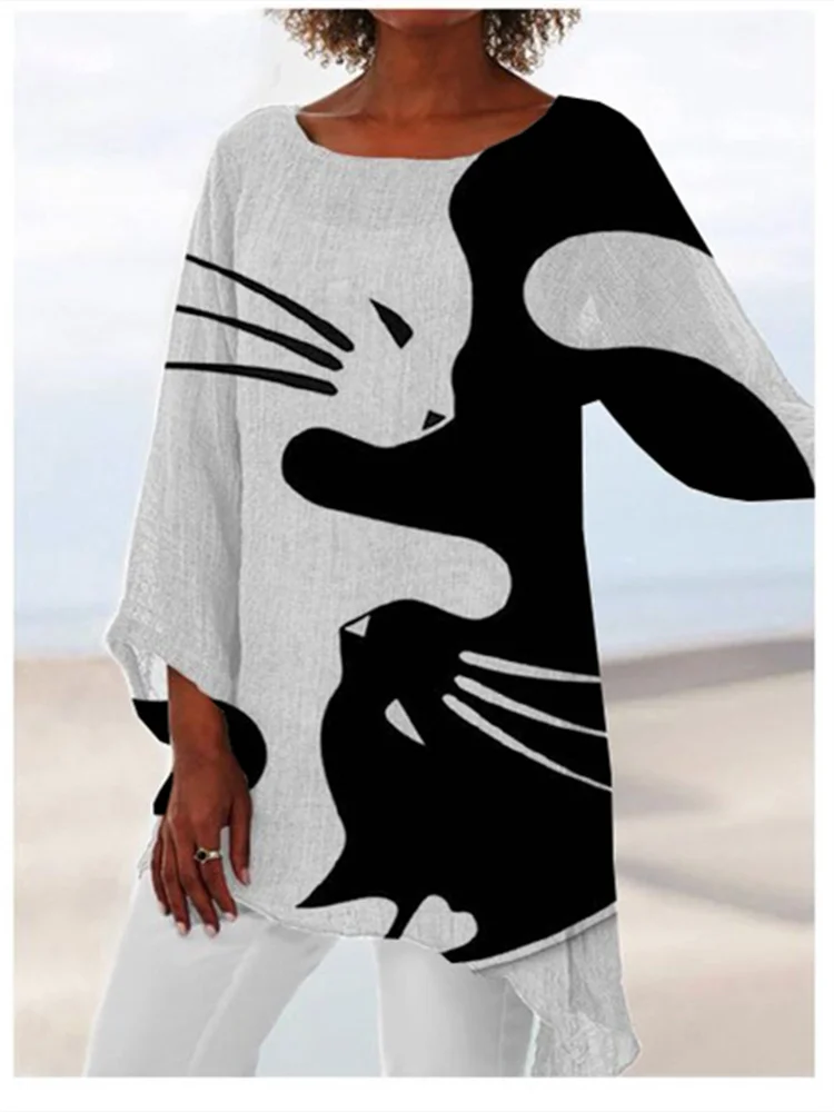 White And Black Cats Print Flowy Tunic