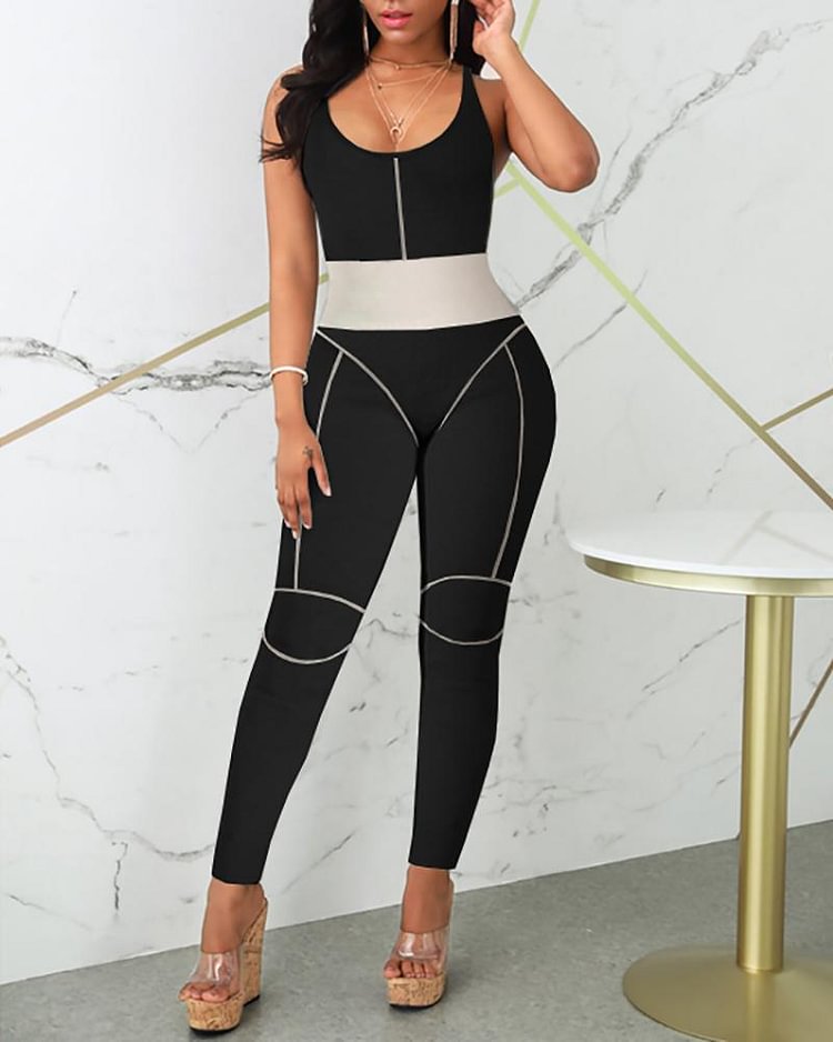 Contrast Piping Colorblock Fitted Jumpsuit P11044