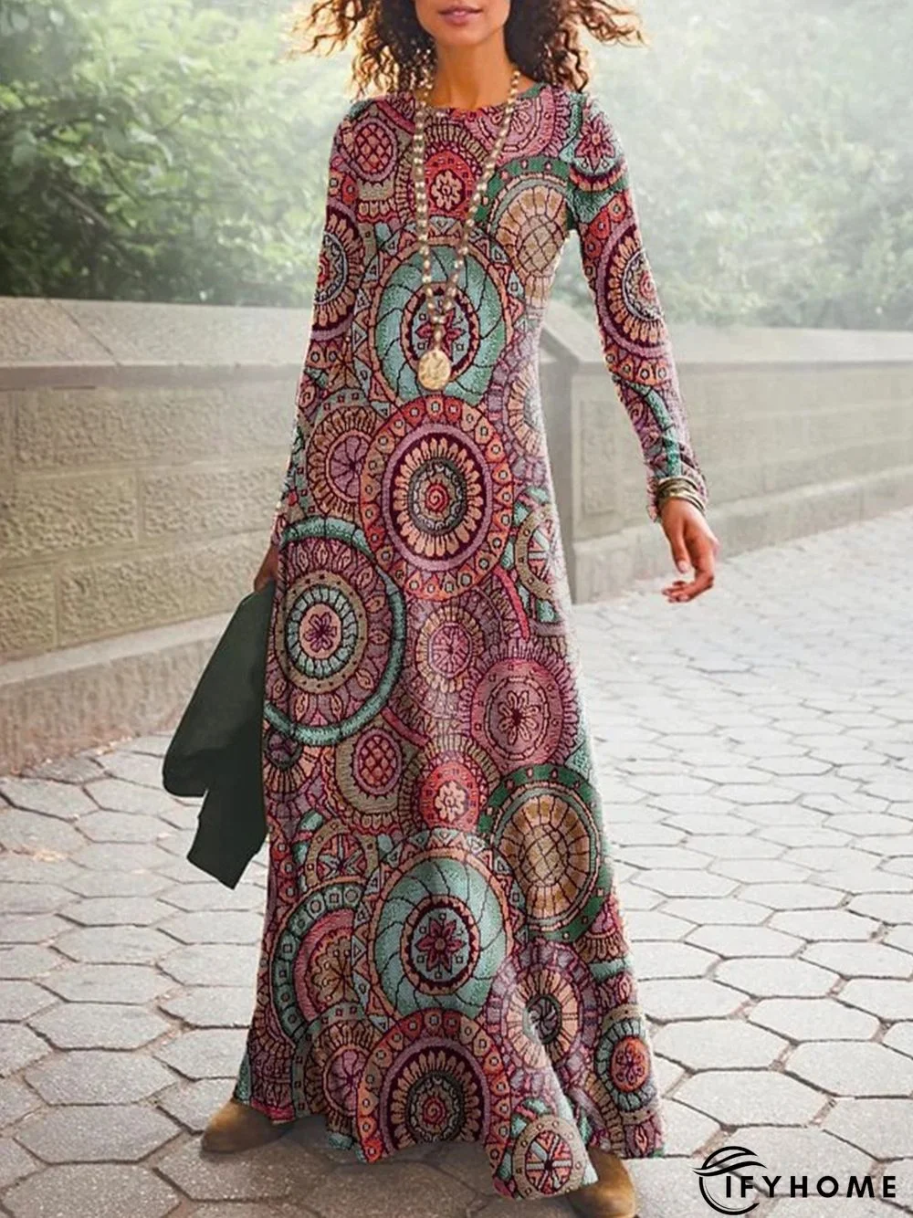 Ethnic Printed Long Sleeve Crew Neck Casual Dress | IFYHOME
