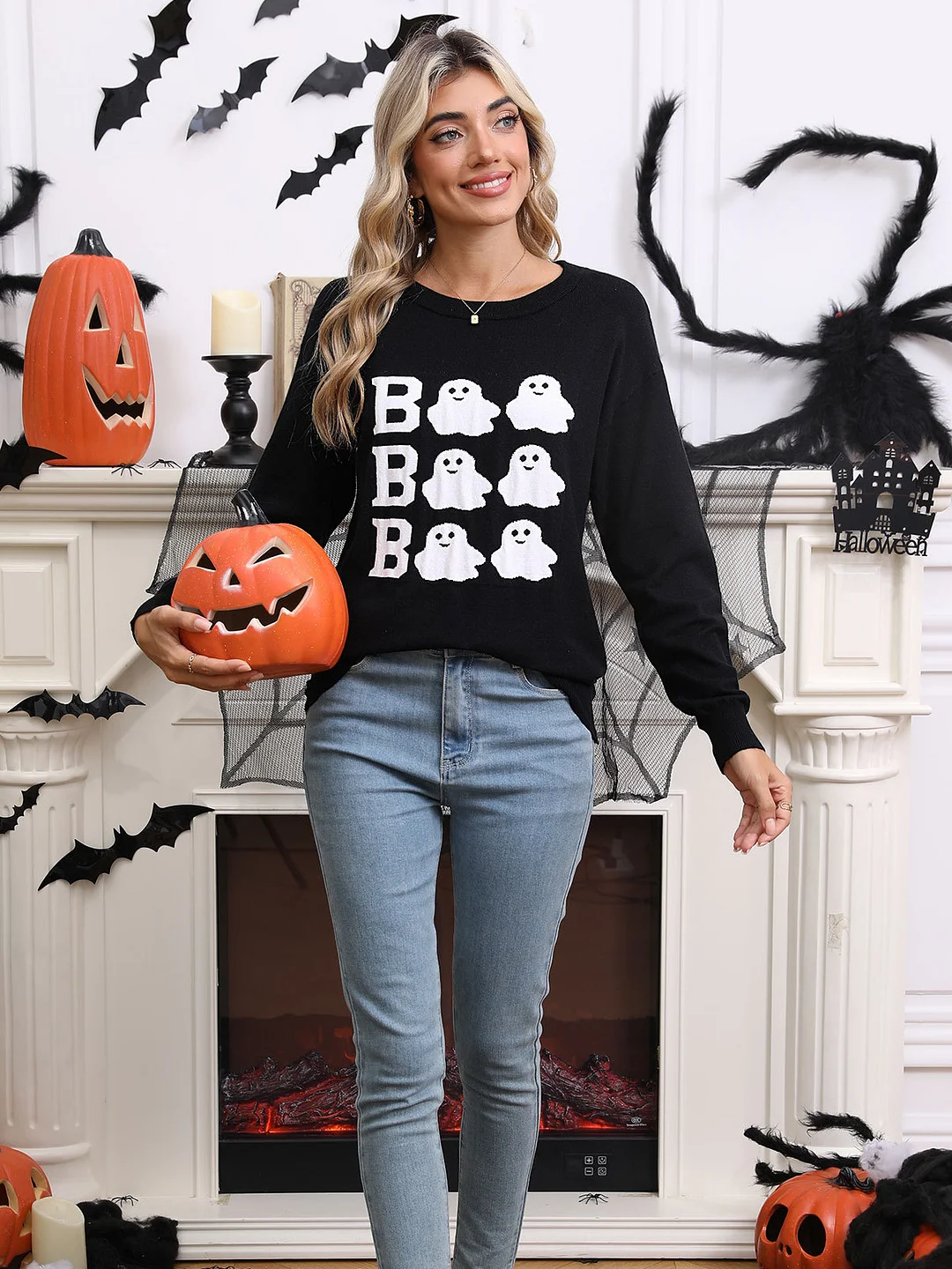 Athvotar Athvotar And Winter New Sweater Women's Halloween Element Embroidered Casual Round Collar Long-Sleeved Top
