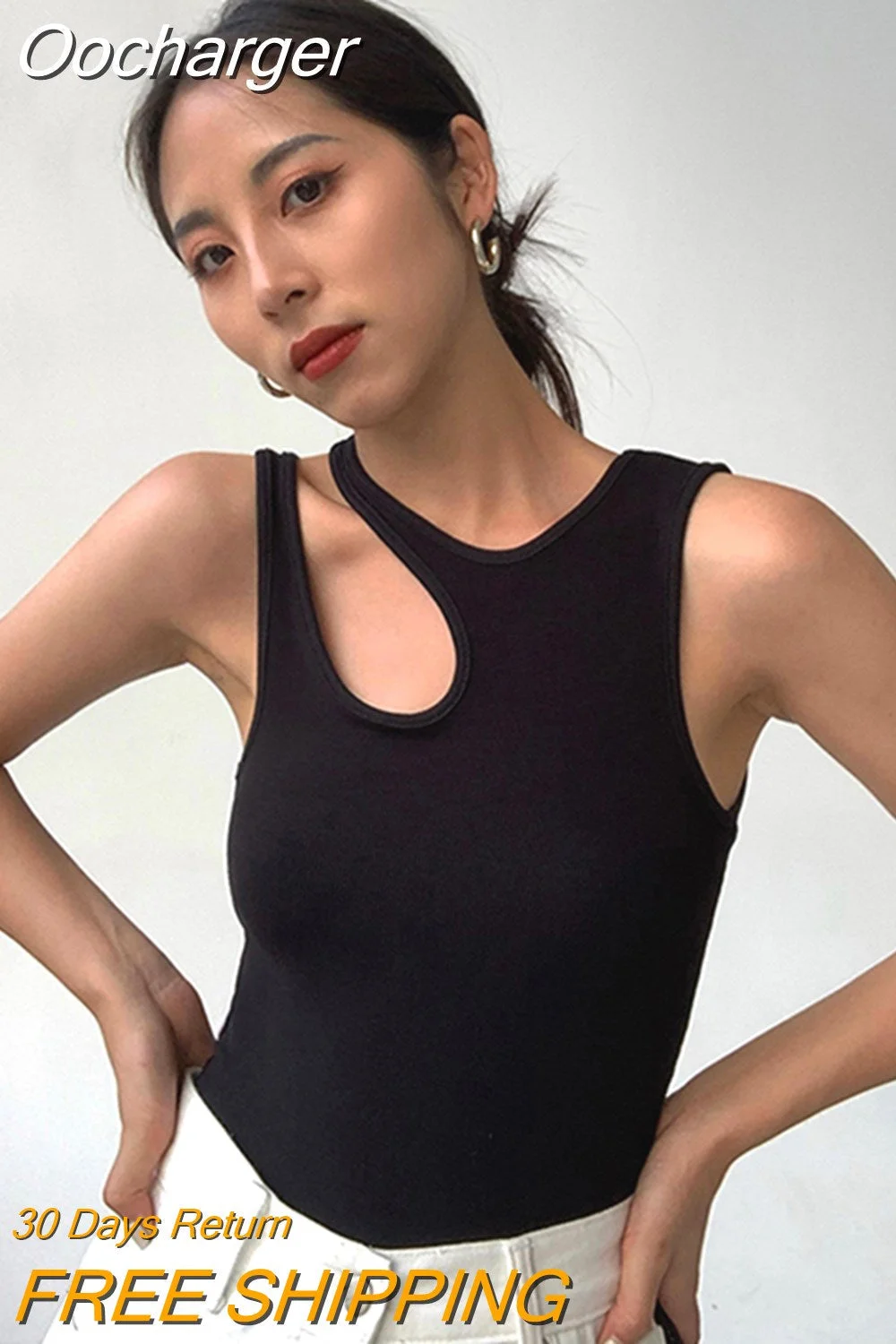 Oocharger Cut Out Skinny T Shirt For Women Round Neck Sleeveless Solid Slim Minimalist T Shirts Female Clothes Style New 2023