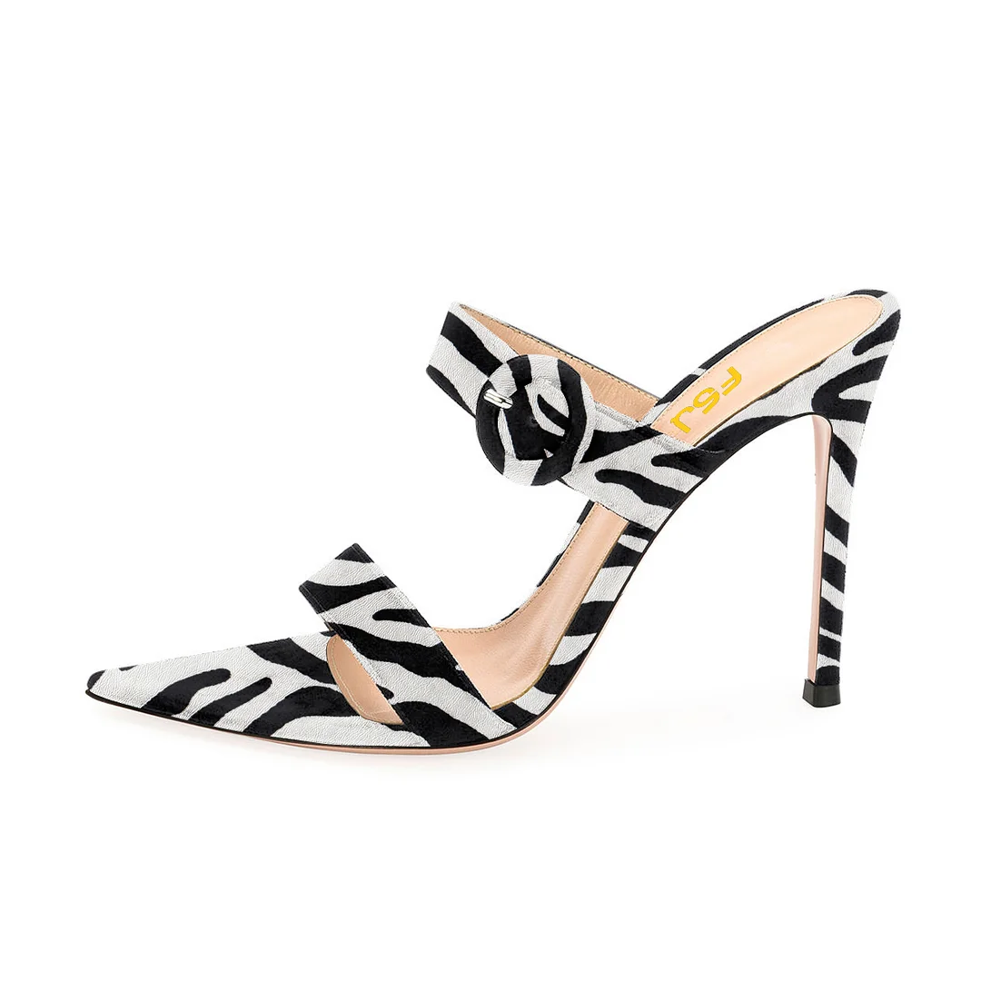 FSJ Zebra Print Suede Mule Heels Open Toe Stiletto Heels US Size 3-15 Nicepairs
