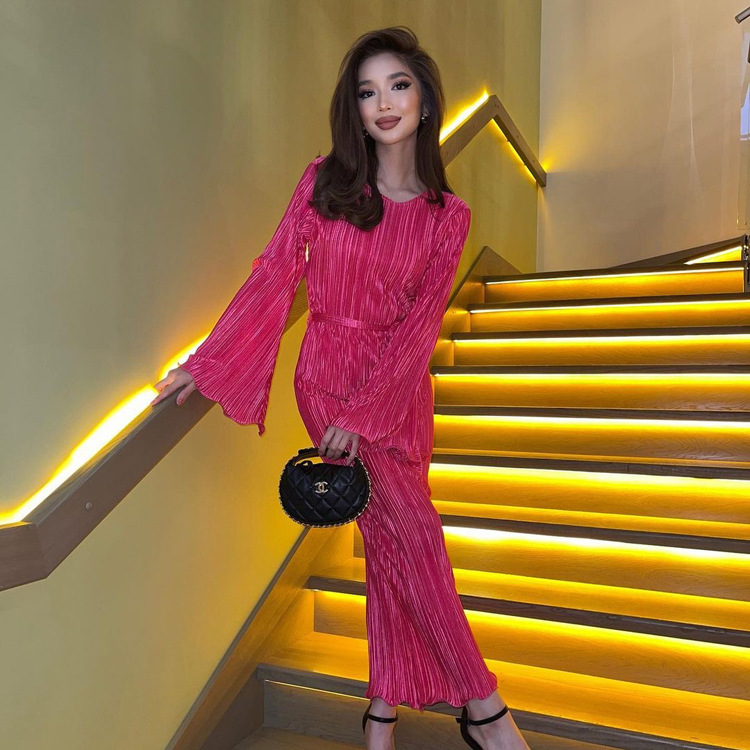Ootddress Fashion Ruffled Lace-Up Long Dress Women Slim Long Sleeve Striped Pleated Party Dress Autumn 2025 Solid Gown Female Dress