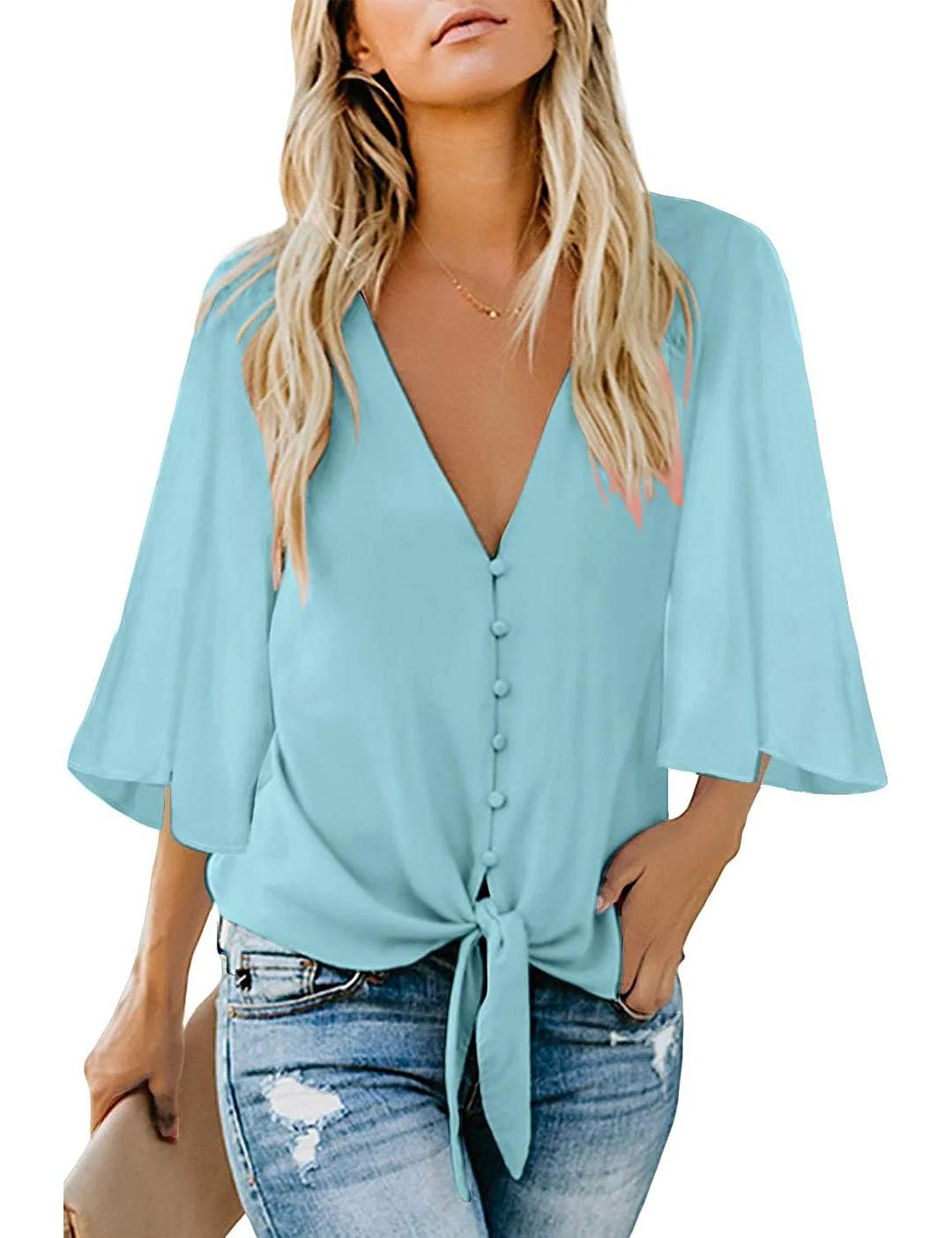 Blouses Shirt Women's Casual 3/4 Tiered Bell Sleeve Crewneck Loose Tops Blouses Shirt