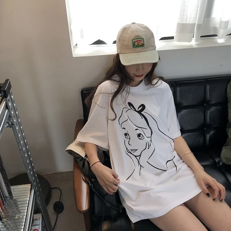 Brownm Brownm Summer New Korean Print Long Short Sleeve T-Shirt Women's Loose Shirt Women